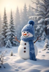 A cheerful snowman wearing a knitted hat and scarf