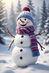 A cheerful snowman wearing a knitted hat and scarf