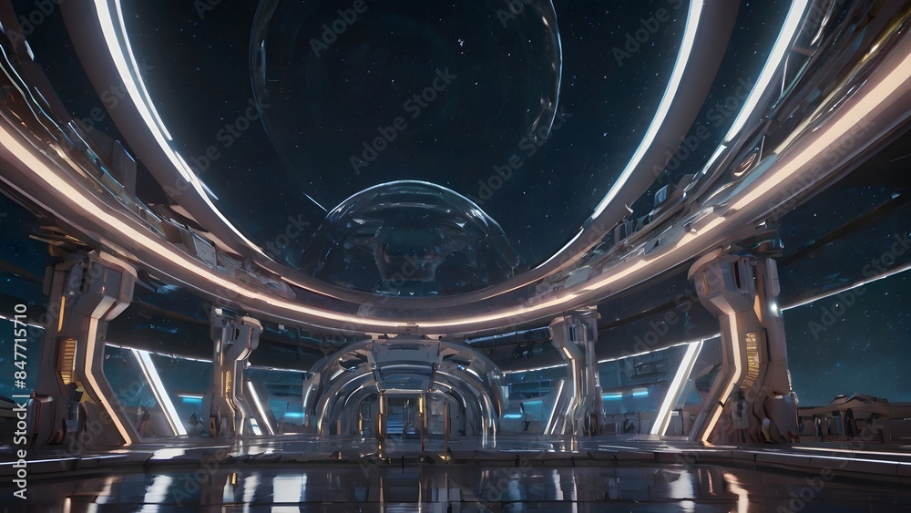 Wall mural a futuristic high-tech space station filled with a mesmerizing array of glowing lights and advanced 