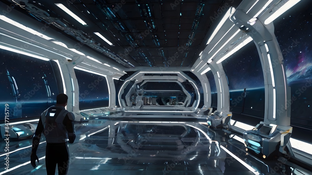 Wall mural a futuristic high-tech space station filled with a mesmerizing array of glowing lights and advanced 