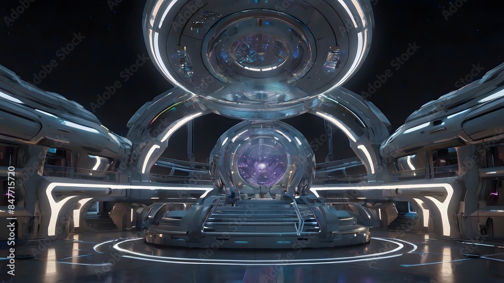 Wall mural a futuristic high-tech space station filled with a mesmerizing array of glowing lights and advanced 