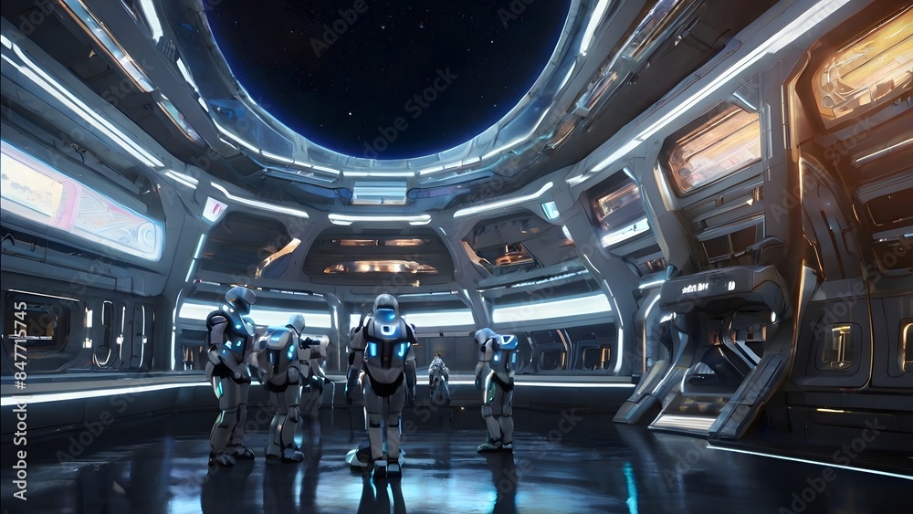 Wall mural A futuristic high-tech space station filled with a mesmerizing array of glowing lights and advanced technology