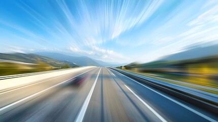 Blurred Highway on Scenic Summer Road Trip with Vanishing Horizon