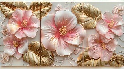 Triptych wall panel of pink flowers with golden leaves. 3d rendering