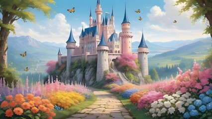 A breathtaking scene featuring a majestic castle towering over a vibrant garden of pastel flowers