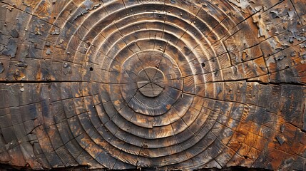 Fototapeta premium Weathered wood texture, prominent annual rings, concentric circles, rustic look, aged surface