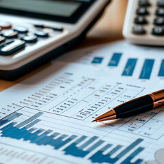 there is a pen on a paper with a graph and a calculator