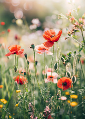 beautiful summer meadow with wild flowers poppies and bee on background. summer landscape, nature scene