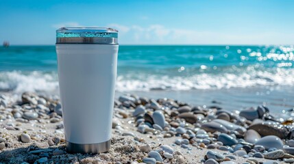 White stainless steel tumbler, sublimation ready, beach backdrop, focus on design, clear blue sky, product shot