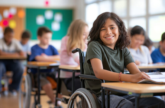 Hispanic girl in wheelchair smiling