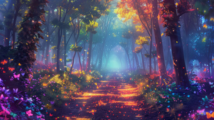Obraz premium dreamy forest path with glowing leaves and mystical ambiance