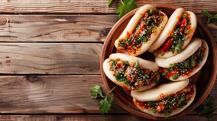 Mouthwatering bao buns from above, stuffed to perfection, placed on a rustic wooden table, clear space for text, appetizing and clean