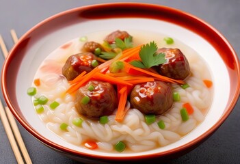 A bowl of congee with meatballs, garnished with green onions, sesame seeds, and red pepper flakes