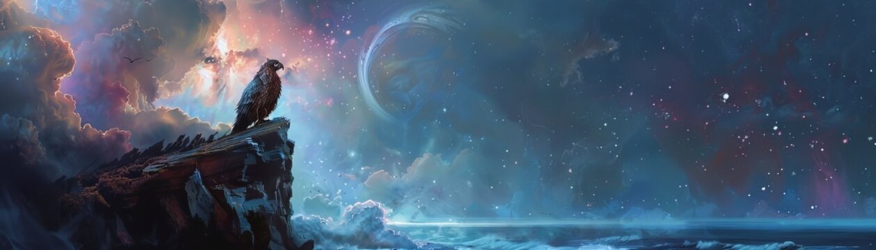 A mesmerizing digital painting of a raven perched on a cliff, gazing into a cosmic seascape with vibrant nebulas and distant planets.