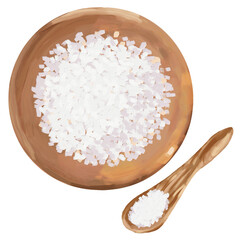 Salt in a wooden bowl and spoon | Digital food illustration