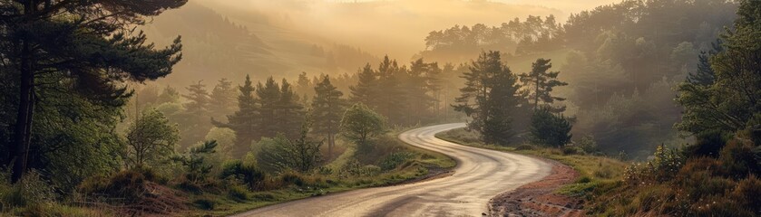 Fototapeta premium Serene landscape with a road winding through forests and mountains, illuminated by early sunlight, capturing the essence of journey and exploration