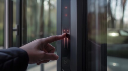 Close-up of biometric smart lock installed on door, featuring fingerprint scanner with person placing their finger on it. Scanner lights up in response to fingerprint recognition, high-tech security