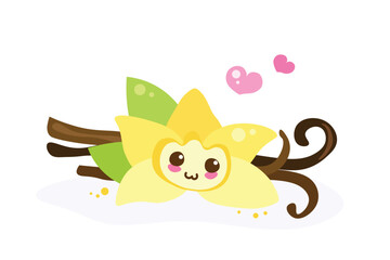 Kawaii Baby face Vanilla flower isolated on white background. Cartoon vector illustration. Happy food for kids menu, t-shirt print, greeting card., ice cream. Adorable smiling vanilla flavor.