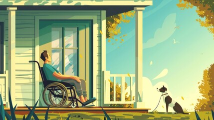 A middle-aged man in a wheelchair sits with a dog.