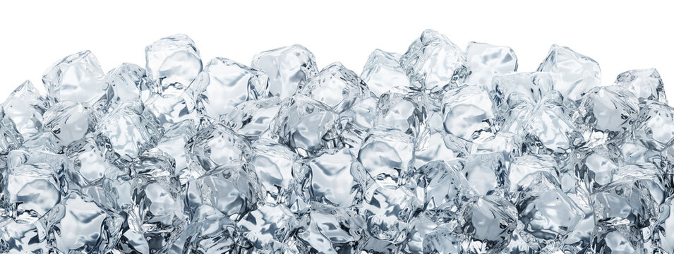 Ice cubes arranged as border frame isolated on white background. File contains clipping path.