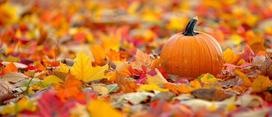 Spooky Halloween scene with a lone pumpkin in a field of colorful autumn leaves, ample copy space to the side for text or graphics