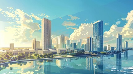 Naklejka premium Aerial view of modern city, panorama of business skyscrapers, seaside, mountains,