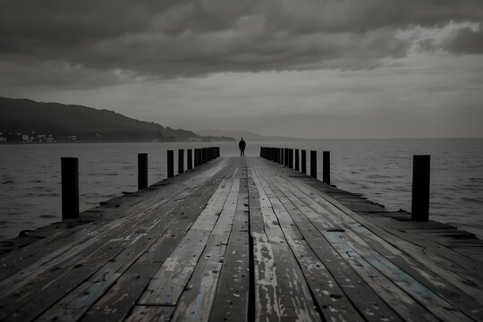 a amn standing on  a wooden pier in the sea 
