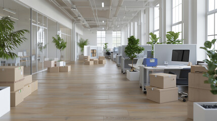 Empty office with packed boxes and a farewell banner, Modern office interior, Natural daylight through large windows