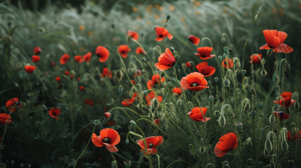 Fototapeta premium Picturesque field of blooming red poppies in natural setting