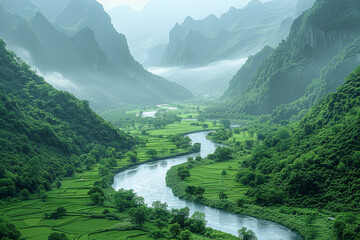 Fototapeta premium A lush green valley with a river winding through it. Concept of fertile landscapes and natural abundance. Generative Ai.
