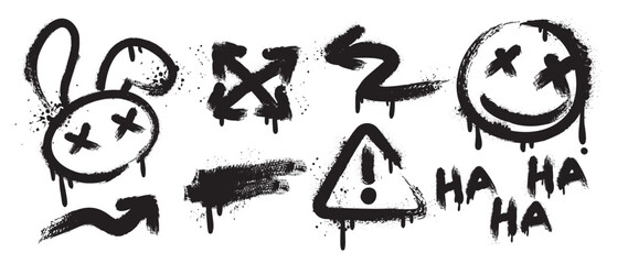 Set of graffiti spray element vector. Collection of colorful symbol, scribble, stroke, arrow, rabbit, smile, warning. Element on black background for banner, decoration, street art, ads. © TWINS DESIGN STUDIO