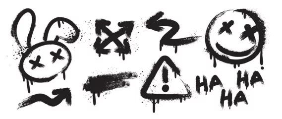 Fototapeten Graffiti Set of graffiti spray element vector. Collection of colorful symbol, scribble, stroke, arrow, rabbit, smile, warning. Element on black background for banner, decoration, street art, ads.  © TWINS DESIGN STUDIO