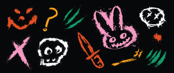 Set of graffiti spray element vector. Collection of colorful symbol, scribble, stroke, arrow, skull, rabbit, knife, smile. Element on black background for banner, decoration, street art, ads.