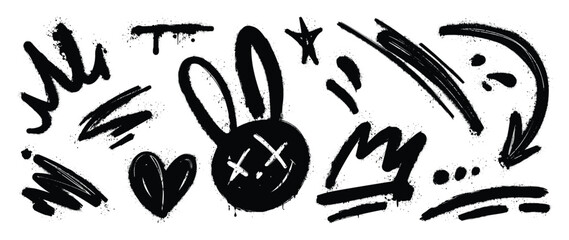 Set of graffiti spray element vector. Collection of colorful symbol, scribble, stroke, arrow, heart, rabbit, star, crown. Element on white background for banner, decoration, street art, ads. © TWINS DESIGN STUDIO