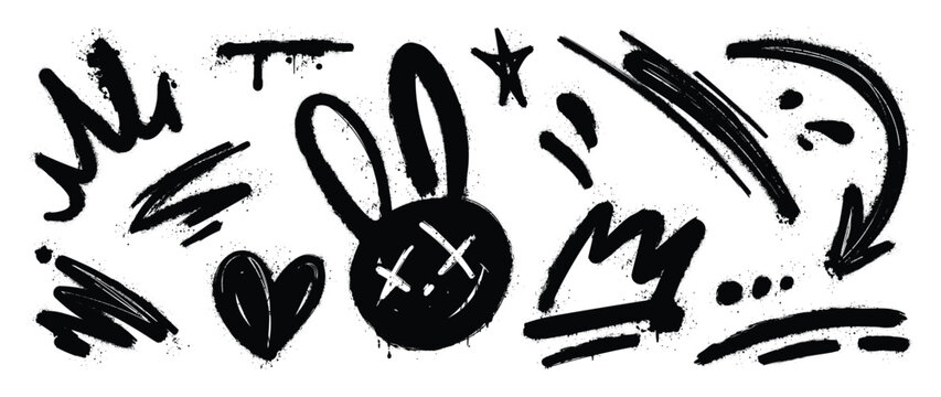 Set of graffiti spray element vector. Collection of colorful symbol, scribble, stroke, arrow, heart, rabbit, star, crown. Element on white background for banner, decoration, street art, ads.