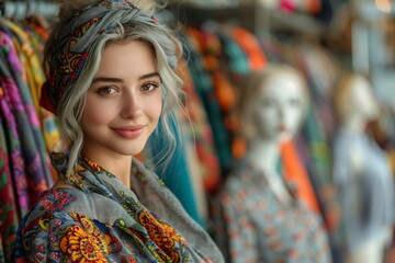 Fototapeta premium Young Fashion Designer Stylishly Works with Textile Samples at Studio