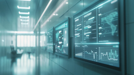 High-tech displays with data and graphs line a sleek, modern hallway, reflecting innovation, information technology, and futuristic design.