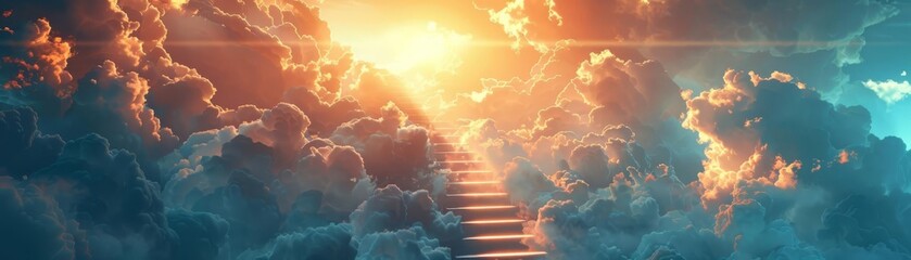 Stairway ascending into bright, heavenly light through the clouds, symbolizing spiritual ascent and divine journey