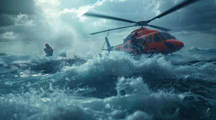 Obraz premium Dramatic rescue operation on turbulent seas with a helicopter crew highlights the bravery and intensity of life-saving missions.