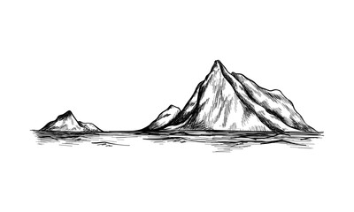 Mountain landscape black on white background. Hand drawn rocky peaks in sketch style. Vector illustration.