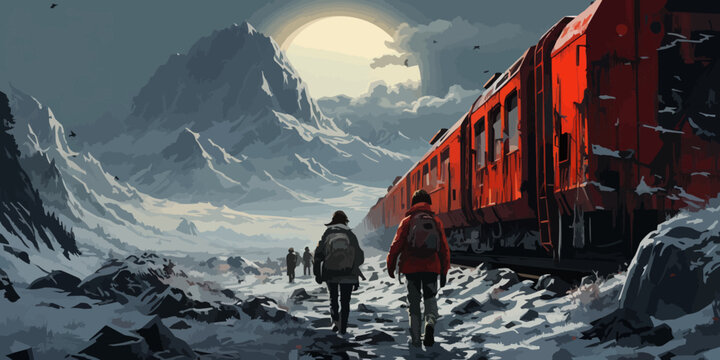 two hikers walking through a train wrecked in snow mountain, digital art style, illustration painting