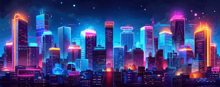 Atmospheric night city with bright neon signs and illuminated windows. Vector flat minimalistic isolated illustration.