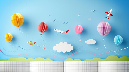 A whimsical illustration of colorful hot air balloons and airplanes in a bright blue sky, evoking a sense of adventure and creativity.