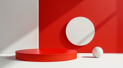 3d white geometric forms. Box podium in red colour. Fashion show stage,pedestal, shopfront with...