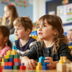 Curly-Haired Kids and Colorful Learning Blocks in a Fun Vibrant Classroom