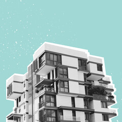 Halftone modern luxury apartments building on retro  background. Minimalist collage