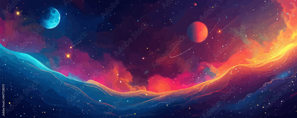 Wall mural dreamy celestial bridge spanning across a galaxy, connecting distant stars and planets. vector flat 