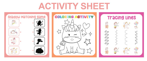 Activity sheet for children. 3 in 1 Educational printable worksheet