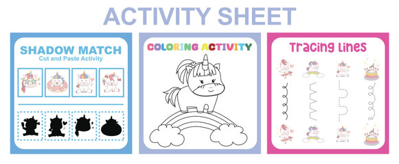 Activity sheet for children. 3 in 1 Educational printable worksheet