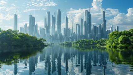 Futuristic Urban Skyline with Skyscrapers Reflecting on Tranquil Water Amidst Greenery